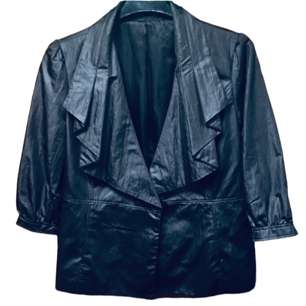 Black lightweight blazer jacket size 10 waterfall collar versatile slight sheen